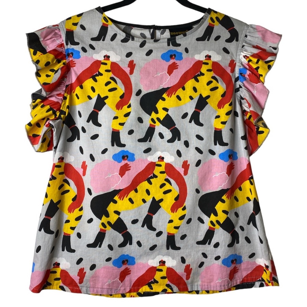 Nooworks White Multicolor Graphic Flutter Sleeve Top